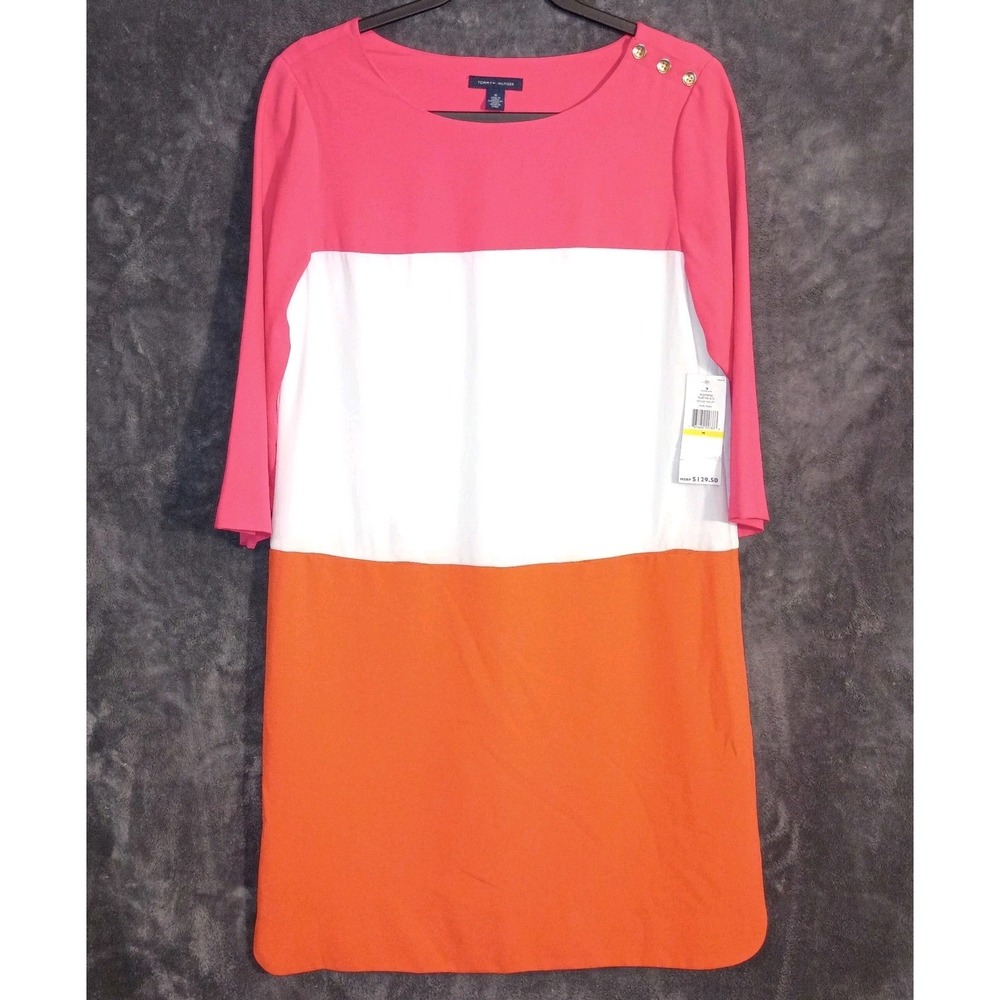 *NWT Tommy‎ Hilfiger M Pink Orange White Colorblock shift dress 3/4 sleeve